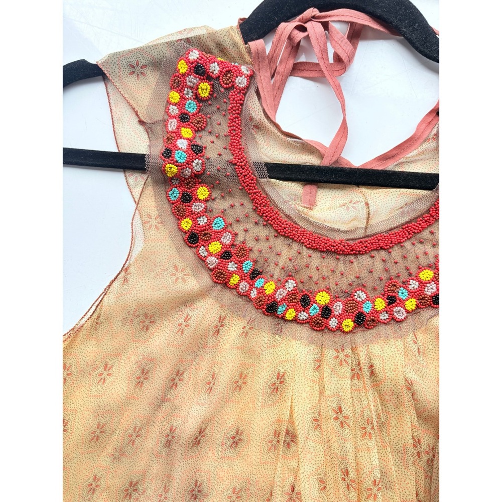 Rozae Nichols Women Orange Silk Beaded Halter Top Sheer Floral Asymmetric L - Picture 2 of 5